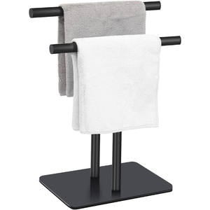 Porte-serviettes double couche en acier noir minimaliste avec 2 barres, sur pied, pour salle de bain, fait main, en promotion - Product Image 1