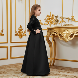 ชุดเดรสเด็กผู้หญิงหรูหราประดับเลื่อมสีดำ คอวี ผ้ากำมะหยี่ปักลาย สำหรับงานปาร์ตี้ ขายส่งจำนวนมาก ชุดเด็กสำหรับงานแต่งงานอย่างเป็นทางการ - Product Image 4