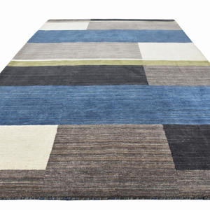 Tapis DECORDEC en laine indigo bleu gris ivoire, antidérapant, écologique, à blocs de couleur, moderne, abstrait, géométrique, pour salon - Product Image 2