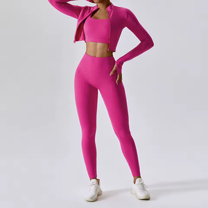 Women's 3 Piece Seamless Yoga <b>Set</b> <b>Square</b> Neck Crop Top Jacket High Waist Leggings - Product Image 1