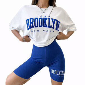 Ensemble t-shirt uni et short au-dessus du genou pour femme, confortable au quotidien, coupe classique, vêtements décontractés d'été, 100% coton - Product Image 1