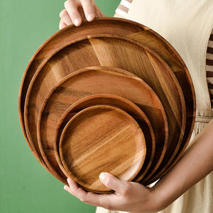 Eco-friendly Sustainable Fashionable Thick Acacia Wood Round Salad Bowl Dish <b>Plates</b> Set Party Handpainted Customizable Design - Product Image 4