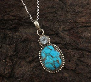 Pendentif en turquoise bleu cuivre naturel, topaze bleue, argent sterling 925 plaqué platine, serti vintage, multi-pierres précieuses - Product Image 5