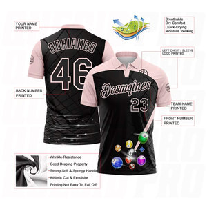 Polo de performance personnalisé noir et rose vif pour le billard, vêtement de sport haut de gamme, broderie personnalisée du logo et du nom de l'équipe - Product Image 3