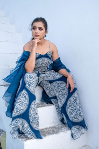 Elegant Blue Printed Sleeveless Peplum Crop Top with Palazzo and Organza Dupatta with Pearls Cut-dana and Mirror work - Product Image 3