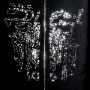 <b>Black</b> Rhinestone Embroidered Hooded Zipper Sweatshirt <b>Men</b> Oversized Streetwear Nonwoven Regular Sleeve Letter Design Front Logo - Product Image 3