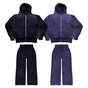 <b>Rhinestone</b> Zipper Tracksuit Gemstone Embellished Full Zip <b>Jacket</b> with Matching Bottoms for Casual Fashion - Product Image 1