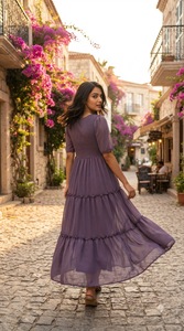 Robe midi en mousseline violette à col en V, manches courtes, à volants, coupe trapèze, décontractée, d'été, pour femme, taille empire, couleur unie - Product Image 3