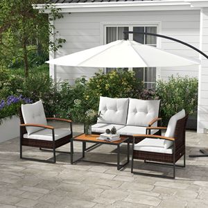4-Piece <b>Swivel</b> Rattan Patio Furniture Set with Loveseat Sofa Chair Wood Coffee <b>Table</b> Cushions for Outdoor Backyard Use White - Product Image 2