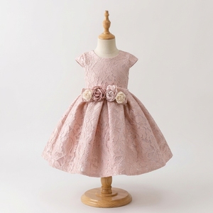 Robe de princesse opulente personnalisée pour filles, rose poudré, en dentelle florale, longueur genou, en satin respirant, robe de soirée avec fleur 3D à la taille pour demoiselle d'honneur - Product Image 2