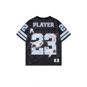 Crane Print American Football Jersey Women Rhinestone Floral Mesh V-Neck Blue Black Sparkly Bling Glitter Lady Streetwear <b>Shirt</b> - Product Image 4