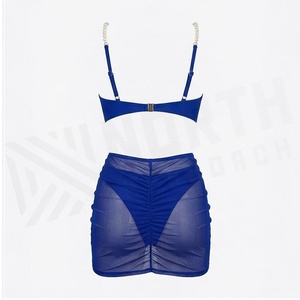 Ensemble de yoga 2 pièces imprimé papillon bleu avec finition dorée, body à col en V profond et jupe portefeuille longueur genou - Product Image 2