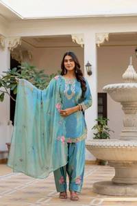 Salwar Kameez élégant en rayonne bleue pour femme, coupe ample, longueur cheville, tenue ethnique traditionnelle Inde Pakistan, style décontracté - Product Image 1