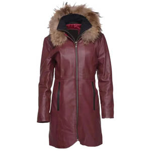 Chaqueta de cuero borgoña personalizada para mujer, abrigo largo de 3/4 de longitud, chaqueta de cuero genuino con doble botonadura y capucha de piel de zorro auténtica - Product Image 1