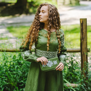 Robe en coton vert brodée pour femmes, style bohème, à fleurs, manches longues, coupe évasée, vintage, ethnique, robe d'été - Product Image 2