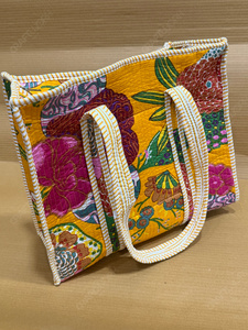 Handcrafted Quilted Yellow Floral Tote <b>Bag</b> Printed <b>Fabric</b> Shoulder Handbag Lightweight Everyday Carry Designer Shopping <b>Bag</b> - Product Image 5