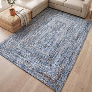 Tapis rectangulaire en patchwork de jute, tressé à la main, durable, pour salon, à poils moyens, avec envers en jute - Product Image 2