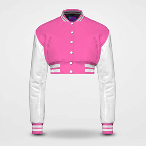 เสื้อแจ็คเก็ตวาร์ซิตี้สีม่วงขาว ทำจากวัสดุ PU สไตล์ Preppy แบบ Unisex ความยาวสั้น คอปกพับได้ แขนเสื้อปกติ สีพื้น ปิดด้วยกระดุม - Product Image 6