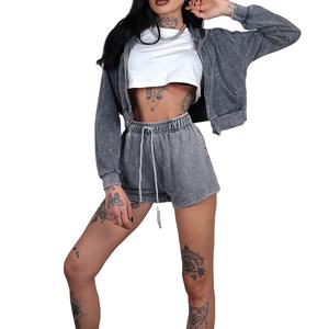 Ensemble short et sweat à capuche zippé intégral personnalisé pour femme, délavé à l'acide, effet soleil, vieilli, vintage, décontracté, hiver, respirant, écologique, séchage rapide 2026 - Product Image 3