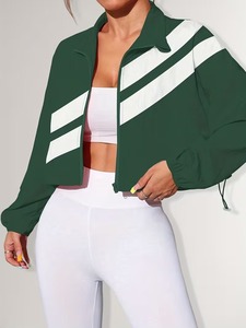 Female Crop Wind <b>Jacket</b> & High Waist <b>Workout</b> Leggings Set | Athletic Running Track Suit | Drawstring Hem Outerwear Combo - Product Image 2