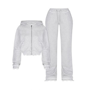 Acid Wash Distressed Men Winter Hooded Tracksuit 2 Piece <b>Set</b> Regular Fit Short Top & 100% Cotton Sweatpants <b>Embroidery</b> Patch - Product Image 4