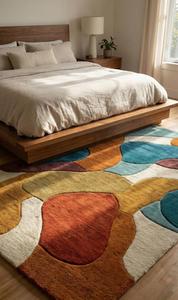 Modern Abstract Block Patchwork Wool Anti-Slip Medium Pile Cotton Canvas Backing Soft Tufted Terracotta Blue Mustard Area <b>Rug</b> - Product Image 3