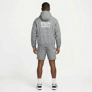 Custom Logo Grey Two-Piece Sportswear Set, <b>Men's</b> Lightweight Hooded Windbreaker <b>Jacket</b> and Shorts, <b>Summer</b> Athleisure Tracksuit - Product Image 4