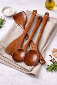 Ensemble d'ustensiles de cuisine en bois d'olivier faits à la main, résistants à la chaleur, en bois massif, 4 pièces - Product Image 2