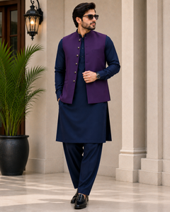<b>Men's</b> Navy Blue <b>Kurta</b> Pajama With Purple Waistcoat Traditional Indian Pakistani Wedding Attire Cotton Clothing - Product Image 5
