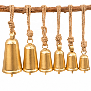 Cloches acoustiques en métal finition or, en six tailles graduées, avec boucles de suspension en chanvre tressé et bases évasées arrondies - Product Image 1