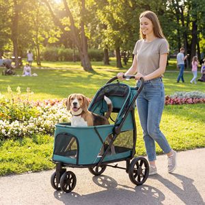 Passeggino per Animali Domestici a 3 Ruote con Chiusura Rapida One-Click, Finestra in Rete e Cuscino Lavabile per Cani di Taglia Media, Verde Scuro - Product Image 2