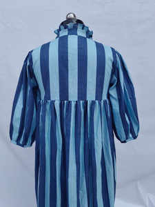 Vestido Midi de Algodón con Cuello Fruncido a Rayas para Mujer, Corte Holgado, Manga Larga, Uso Diario, Estilo Boutique - Product Image 3