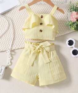 Autumn Girls Vintage Clothing Sets Kids <b>Clothes</b> Solid Colors Short Sleeve Tops+Shorts Button Fashion Girls Outfits - Product Image 5