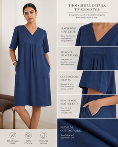 Robe midi plissée en coton bleu marine pour femme, col en V, avec poches, coupe ample décontractée, robe élégante d'été - Product Image 3
