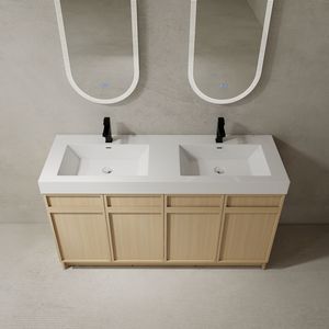 Mobile bagno freestanding bianco da 60 pollici con doppio lavabo in resina e 4 ante con chiusura ammortizzata, imballaggio KD - Product Image 4
