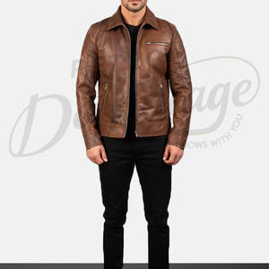 เสื้อแจ็คเก็ตหนังแท้สีน้ำตาลคอนยัคพรีเมียมสำหรับผู้ชาย - ทรงเข้ารูป ผลิตจากหนังแกะแท้ สวมใส่สบาย พร้อมปกเสื้อแบบคลาสสิก - Product Image 5