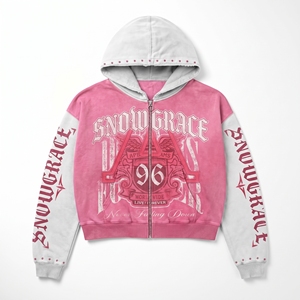 Snowgrace Hooded Zip-Up <b>Sweatshirt</b> <b>Pink</b> White Oversized Crop Fit Streetwear Unisex Print Front Logo - Product Image 1