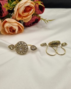 Elegant Two Finger Floral Design Kundan Gemstone <b>Ring</b> Antique Gold Plated For Women <b>Adjustable</b> <b>Ring</b> Festival Partywear Wholesale - Product Image 6