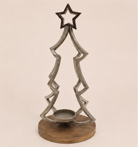 Handmade Metal Wire Christmas Tree Candle Holder With Rustic Mango Wood Base Elegant Silver Finish Tealight <b>Stand</b> For Home Table - Product Image 5