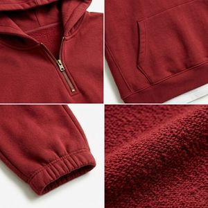 เสื้อฮู้ดดี้ผู้ชายสีแดงแบบเรียบ คอตั้ง ซิปครึ่งตัว ทรงปกติ ผ้าฟลีซคอตตอน 100% มีกระเป๋าข้าง - Product Image 4