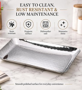 Stainless Steel Hammered Finish Rectangular Serving <b>Tray</b> Plate Deep Multipurpose Serving Platter for Snacks Starters Home Hotel - Product Image 2