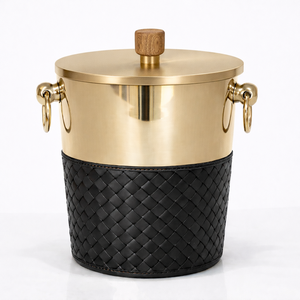 Cubo de Hielo para Vino de Acero Inoxidable Dorado de Primera Calidad, Clásico y Duradero, de 3 Litros, con Asas Decorativas en Forma de Anillo y Funda de Cuero Negro - Product Image 6