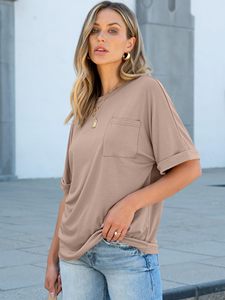 Nouveau T-shirt uni de qualité supérieure pour femme, vente en gros, vêtement décontracté d'été avec poche, couleur unie - Product Image 2