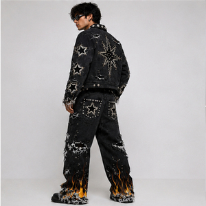 Ensemble sweat à capuche en jean noir vieilli personnalisé et jean large, avec graphiques étoiles et flammes cloutés, style streetwear Y2K, richement orné - Product Image 3