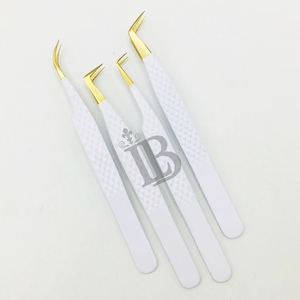 Top Sale <b>Eyelash</b> Tweezers White Color Golden Tip <b>Mink</b> <b>Eyelash</b> <b>Extension</b> Volume Tweezers Stainless Steel Curved Tweezers - Product Image 2