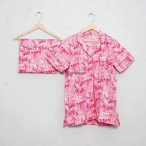 Ensemble de pyjama court pour femme en coton pur 100% respirant et doux, imprimé fleuri, col en V, fermeture à cordon, été - Product Image 5