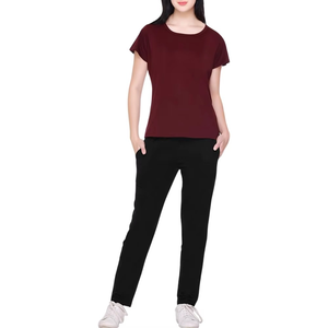 Women's Maroon Short Sleeve Crew Neck T-Shirt With Black Full Length <b>Pants</b> Side Pockets Elastic Waist Casual Wear - Product Image 5