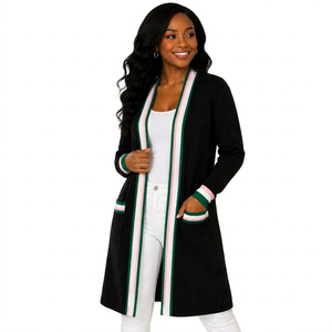 Women Long Striped Knit <b>Cardigan</b> V-Neck Full Sleeve Casual Winter Wear 100% Acrylic Anti-Pilling Open Stitch <b>Pockets</b> - Product Image 3