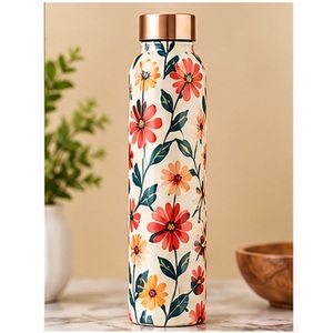 Designer Blue <b>white</b> floral Copper <b>Water</b> <b>Bottle</b> Portable Travel Drinkware with Copper Lid - Product Image 3