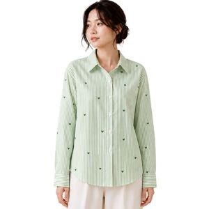 Camisa de Mujer a Rayas Verde Claro con Botones, Blusa de Algodón de Manga Larga con Bordado de Corazón, Corte Holgado, Estilo Casual, Top Oversize - Product Image 1